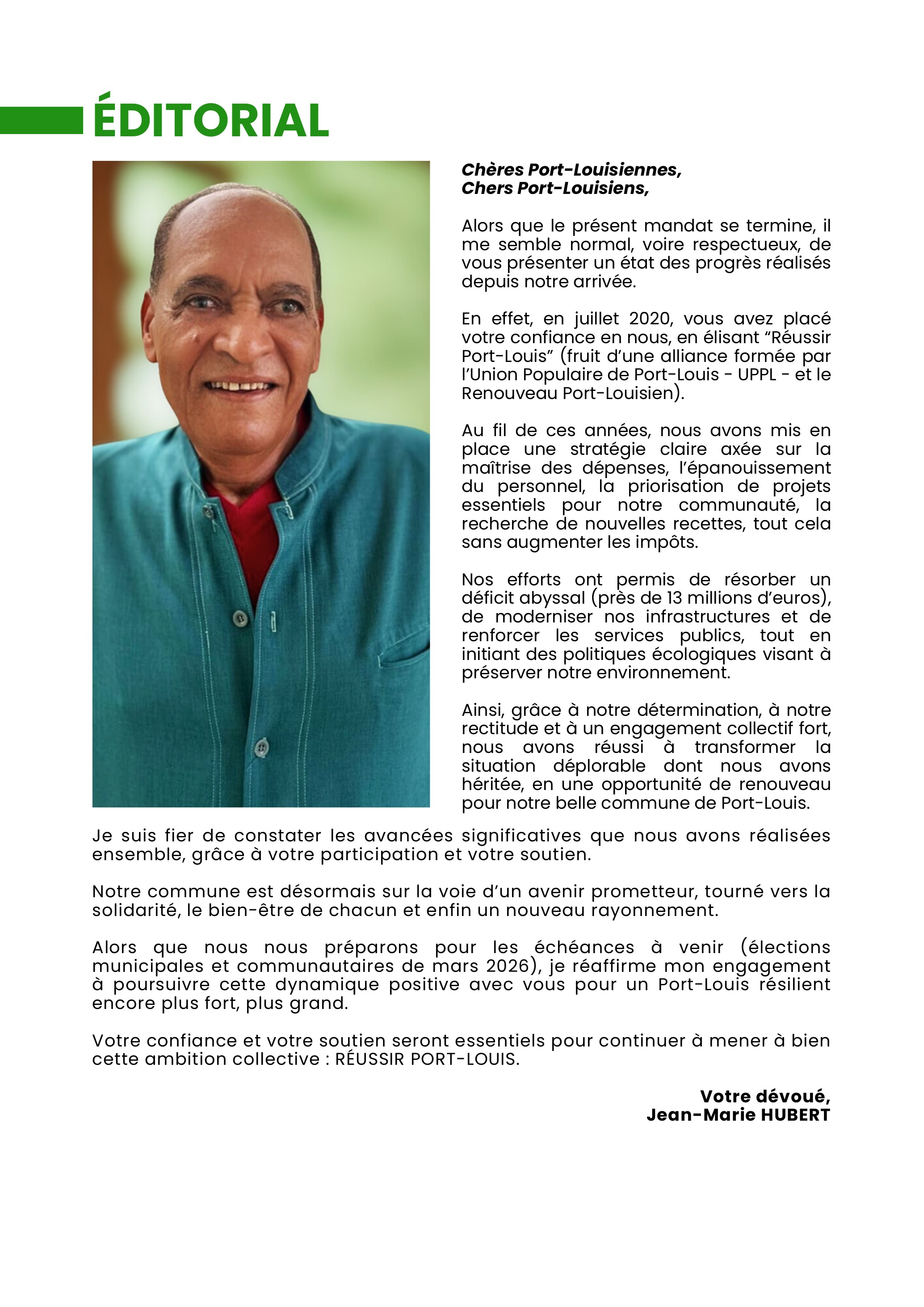 Éditorial — Message du Maire Jean-Marie Hubert