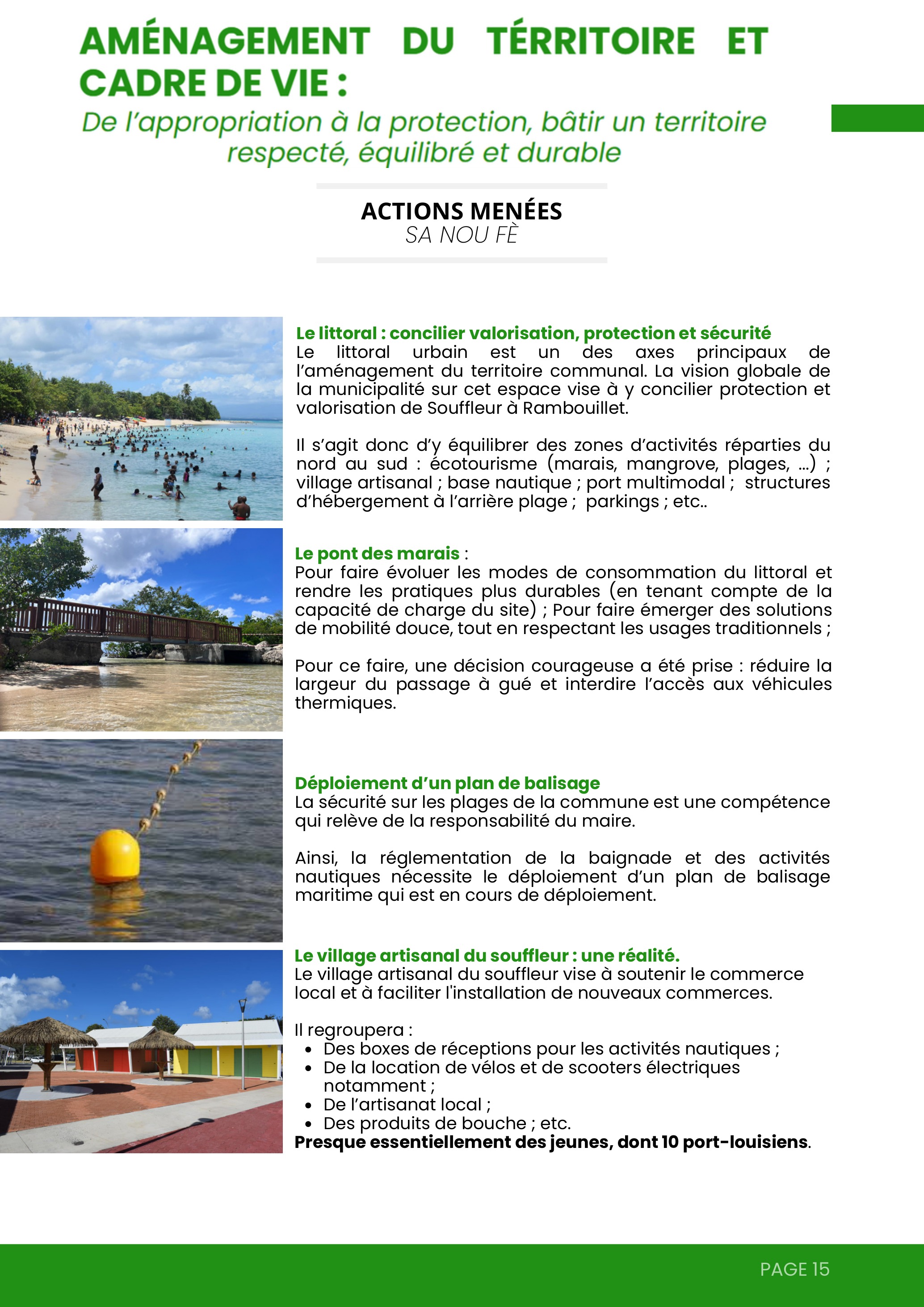 Aménagement du territoire — Actions menées (littoral, pont, village)