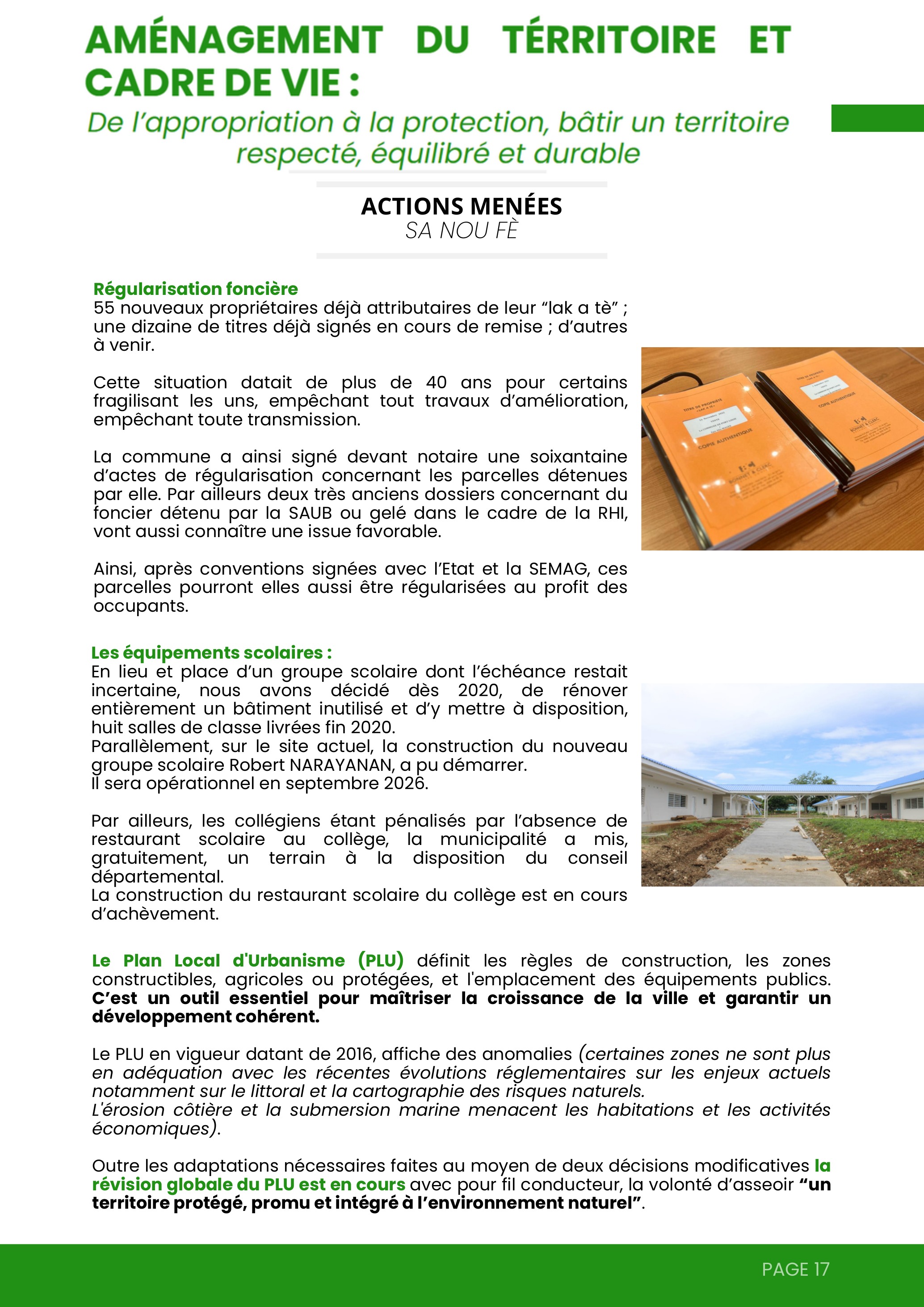 Aménagement — Régularisation foncière, école, PLU