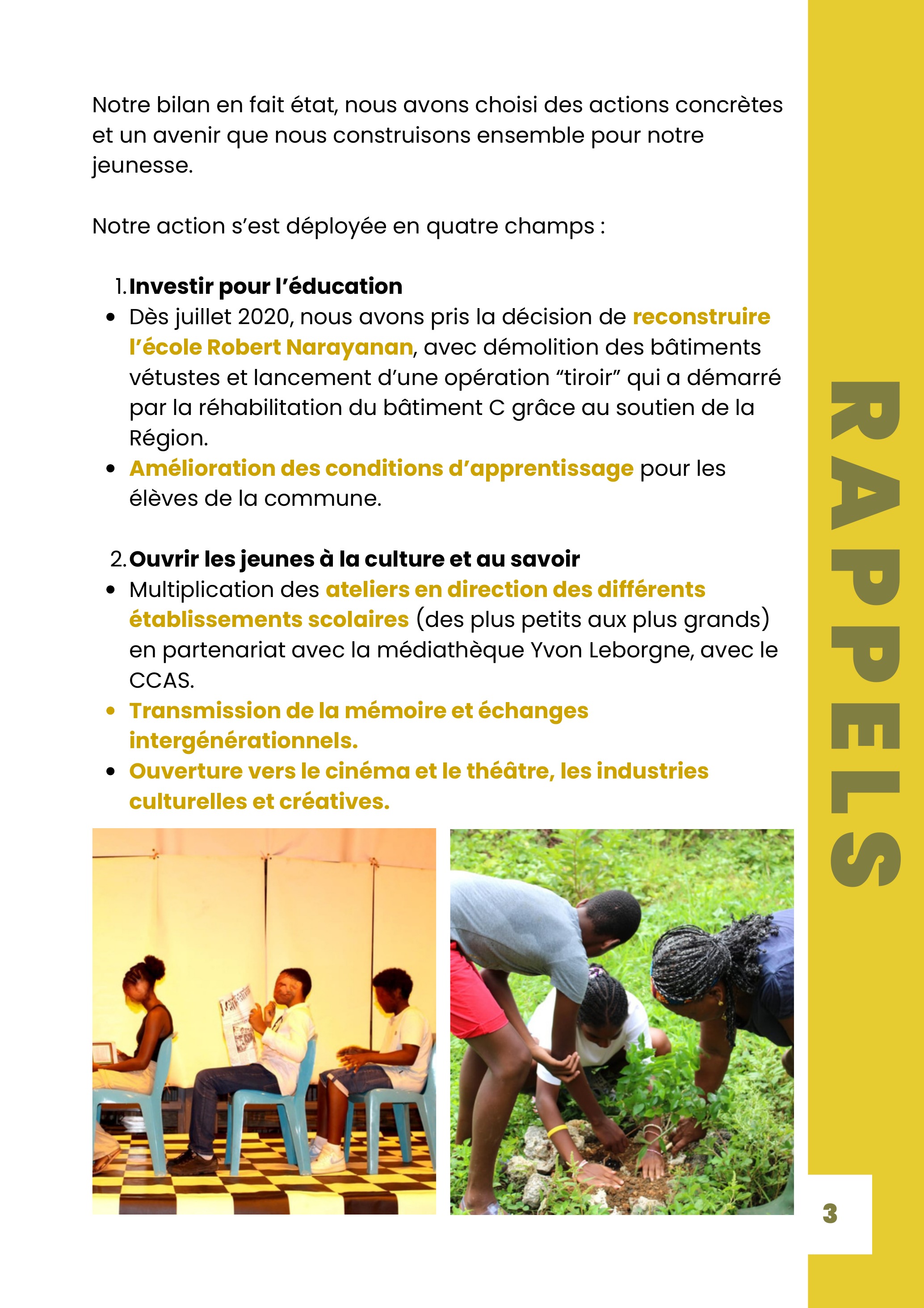 Rappels — Investir pour l'éducation et ouvrir les jeunes à la culture